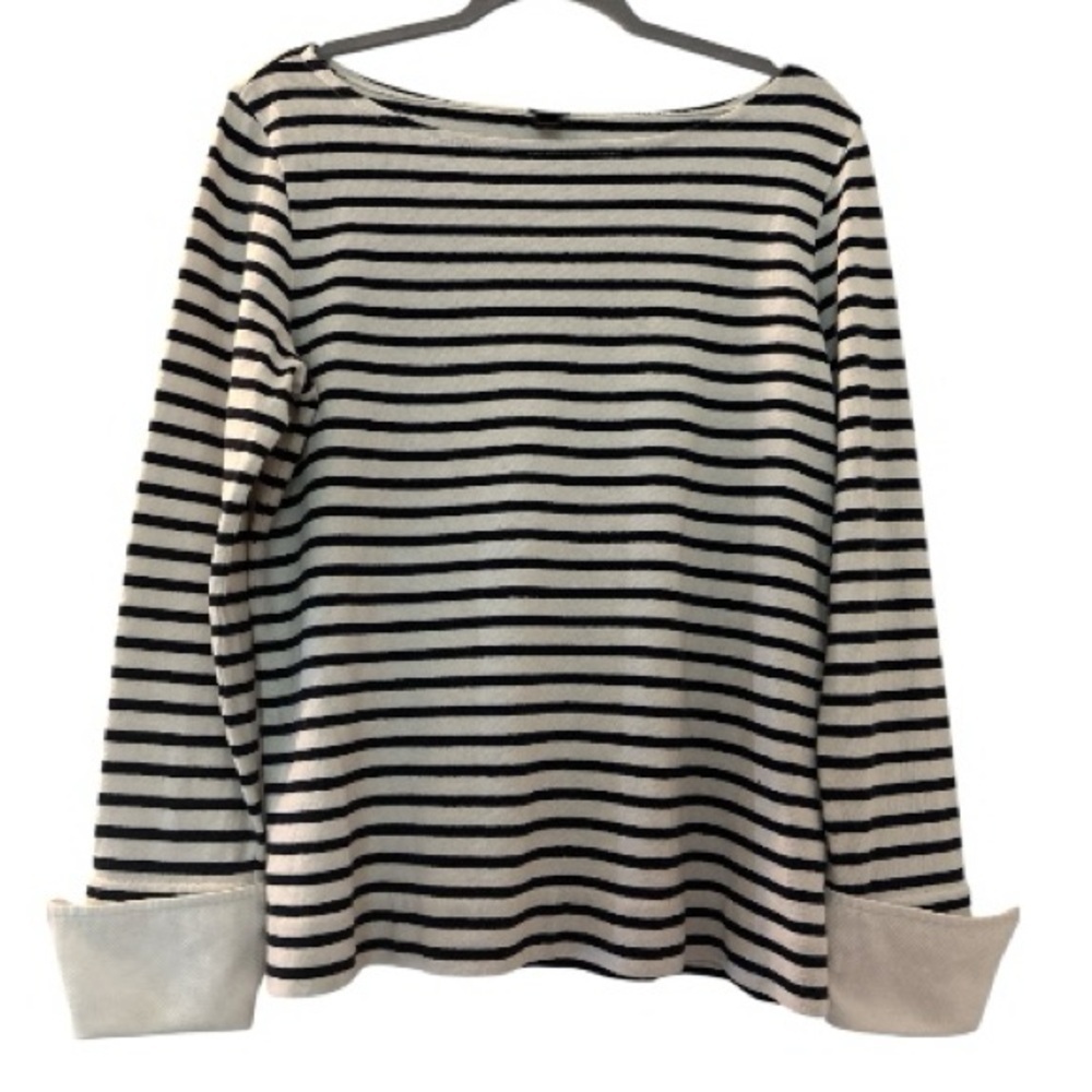 JCREW Knit Striped Long Sleeve Top, black and white, white cuffs.  Size M,